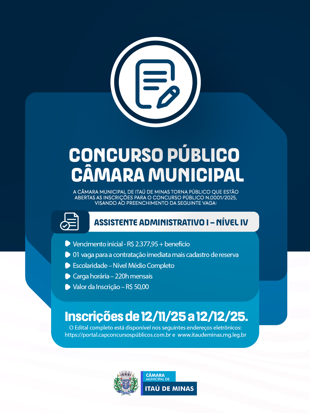 ABERTA AS INCRIÇÕES PARA CONCURSO PÚBLICO - CÂMARA MUNICIPAL