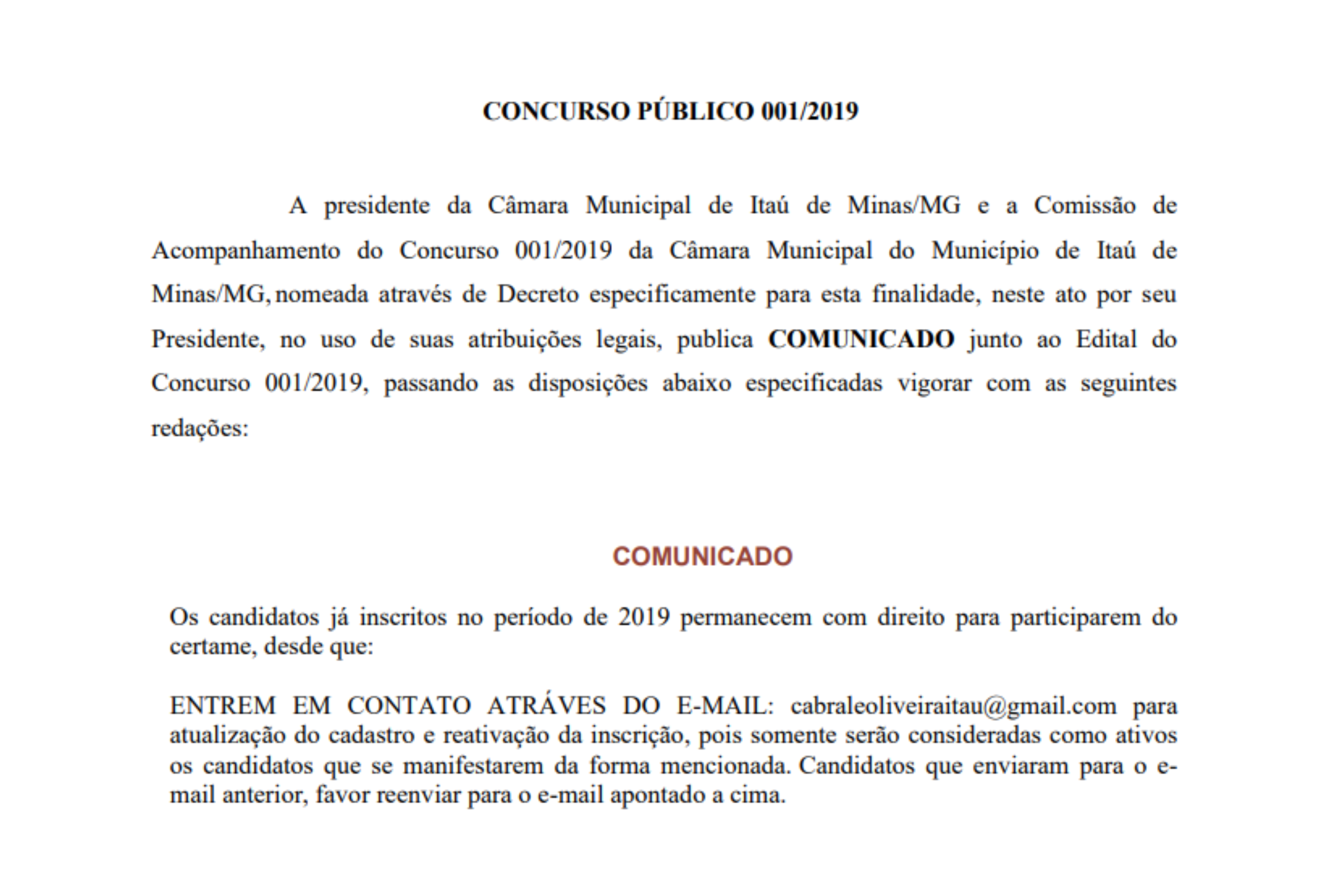 Comunicado aos Inscritos 2019