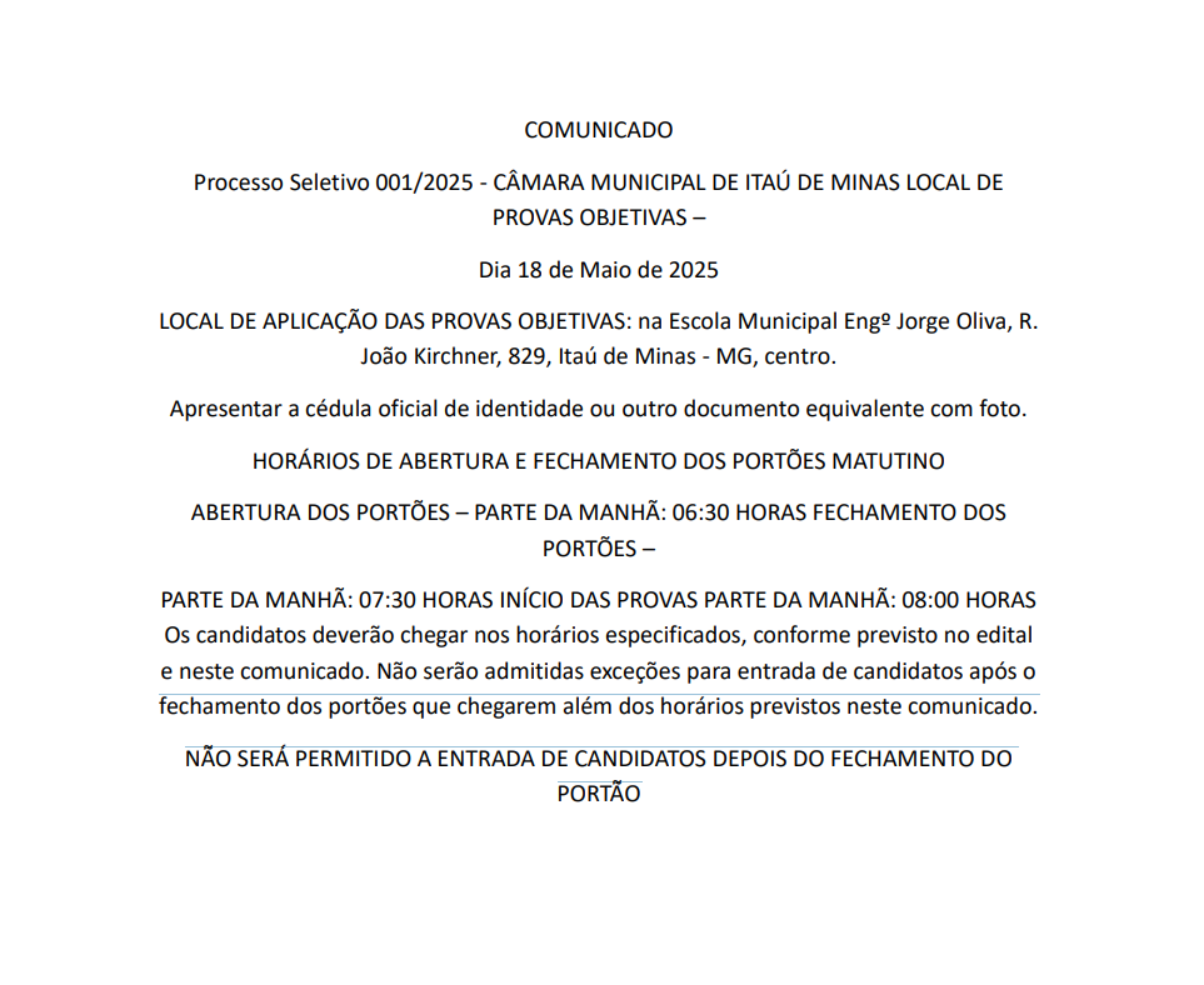 Comunicado Processo Seletivo 001/2025 - CÂMARA MUNICIPAL DE ITAÚ DE MINAS