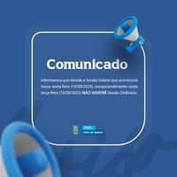 Nesta terça-feira (16/09/2025) NÃO HAVERÁ Sessão Ordinária.